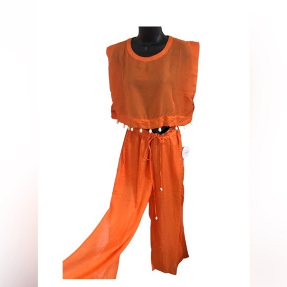 Orange 2 piece sheer cowrie shell adorned crop top and split leg pants beach set - Picture 1 of 17